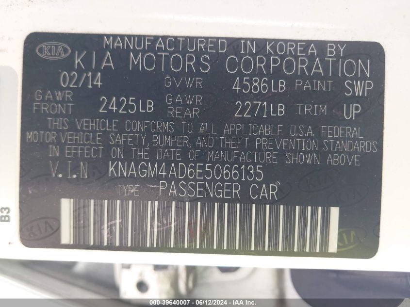 2014 Kia Optima Hybrid Lx VIN: KNAGM4AD6E5066135 Lot: 39640007