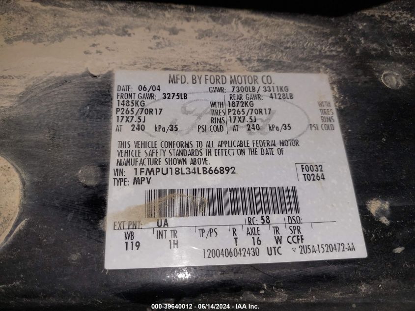 2004 Ford Expedition Eddie Bauer VIN: 1FMPU18L34LB66892 Lot: 39640012