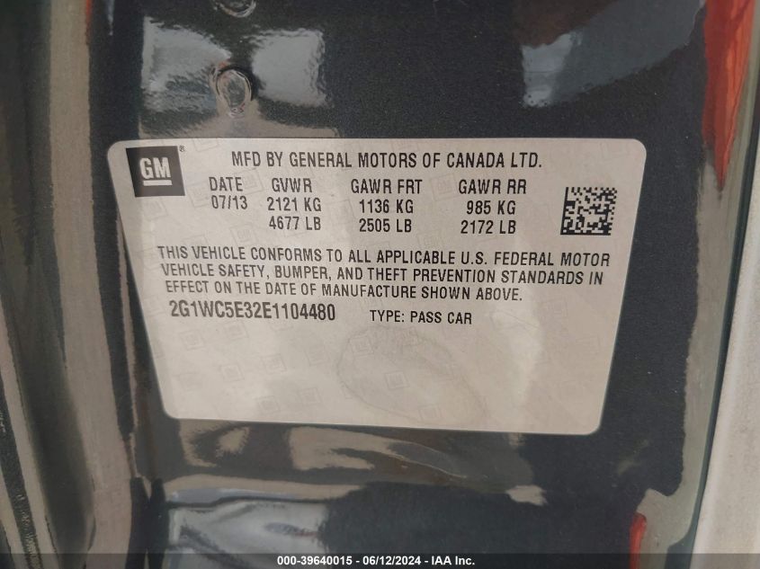 2014 Chevrolet Impala Limited Ltz VIN: 2G1WC5E32E1104480 Lot: 39640015