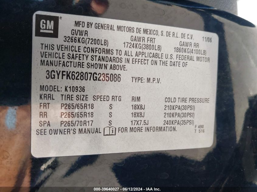 2007 Cadillac Escalade Ext Standard VIN: 3GYFK62807G235086 Lot: 39640027