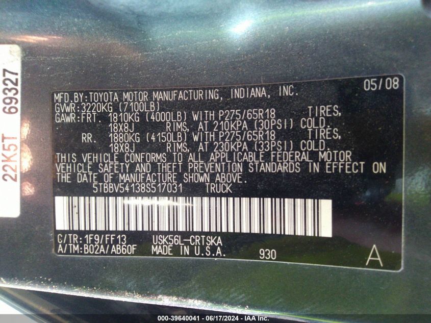 2008 Toyota Tundra Sr5 5.7L V8 VIN: 5TBBV54138S517031 Lot: 39640041