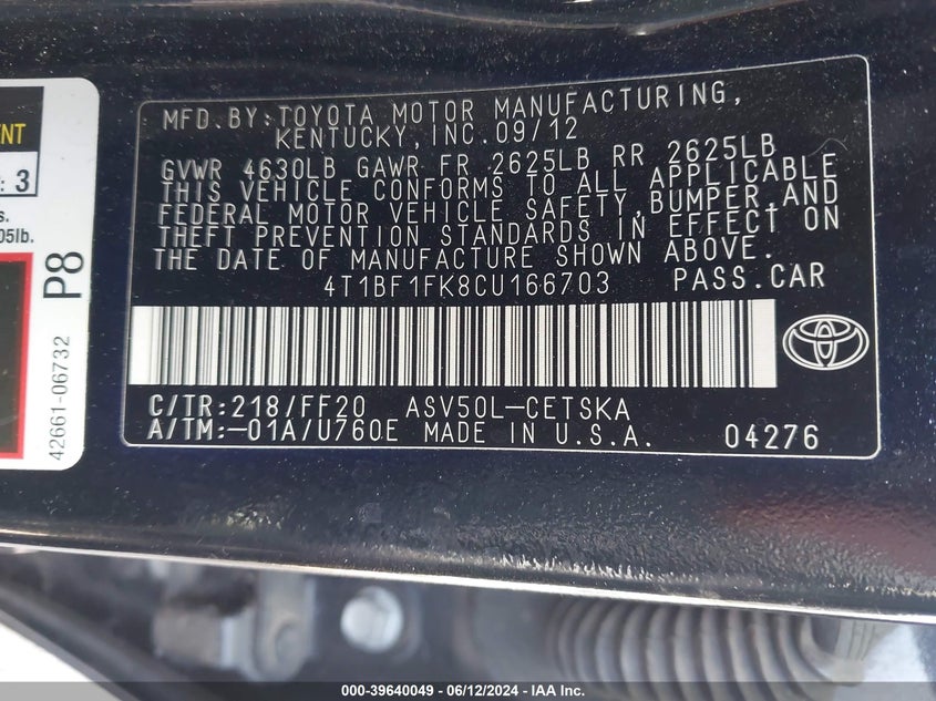 2012 Toyota Camry Se Limited Edition VIN: 4T1BF1FK8CU166703 Lot: 39640049