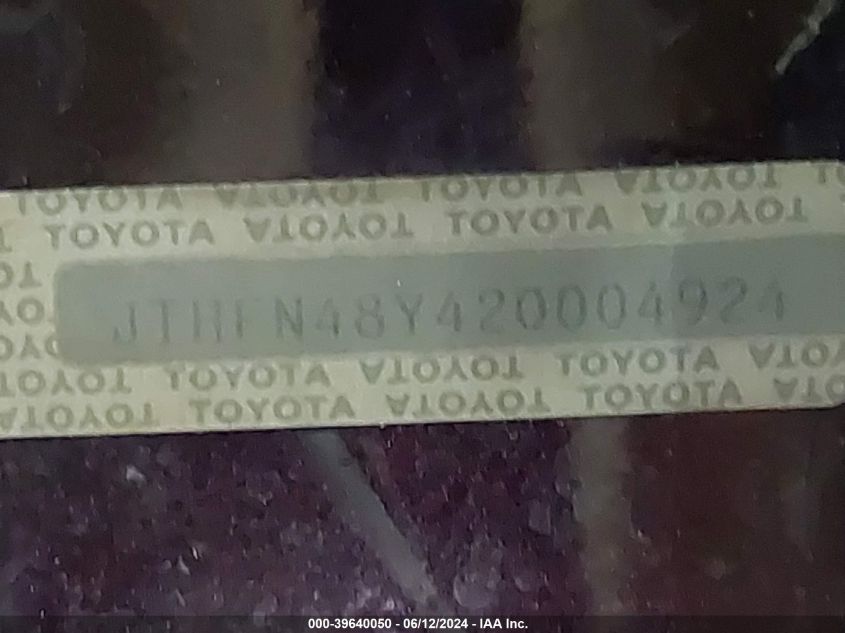 2002 Lexus Sc 430 VIN: JTHFN48Y420004924 Lot: 39640050