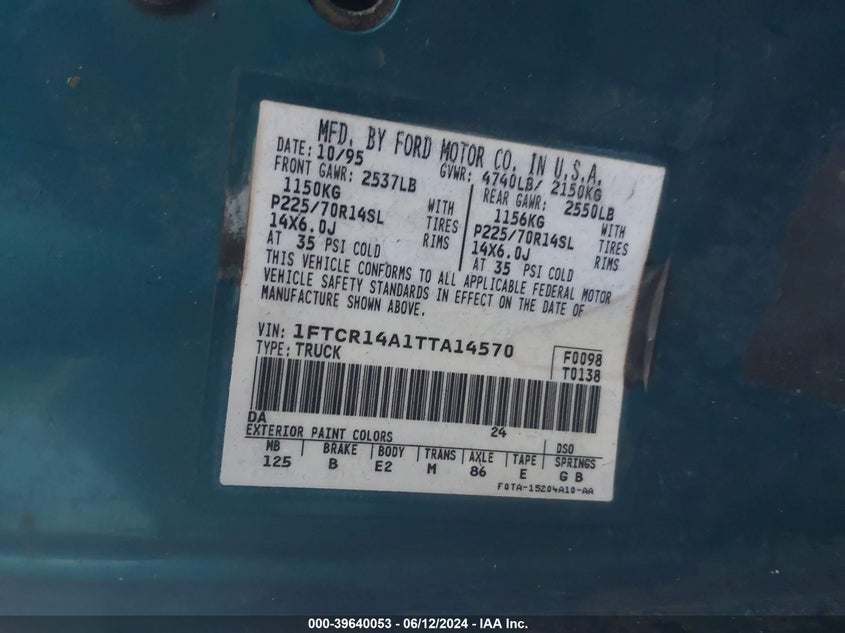1996 Ford Ranger Super Cab VIN: 1FTCR14A1TTA14570 Lot: 39640053