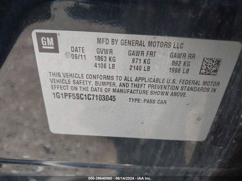 2012 Chevrolet Cruze 1Lt VIN: 1G1PF5SC1C7103045 Lot: 39640060