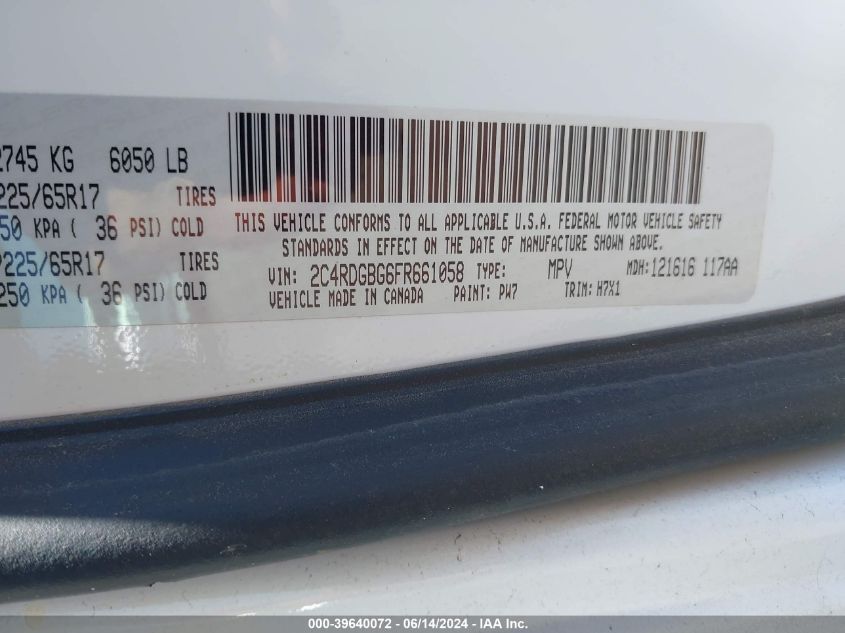 2015 Dodge Grand Caravan Se VIN: 2C4RDGBG6FR661058 Lot: 39640072