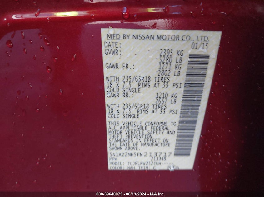 2015 Nissan Murano Sl VIN: 5N1AZ2MH5FN213717 Lot: 39640073