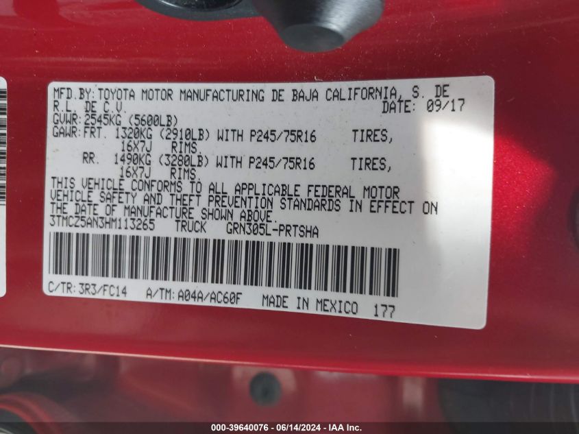 2017 Toyota Tacoma Sr5 V6 VIN: 3TMCZ5AN3HM113265 Lot: 39640076