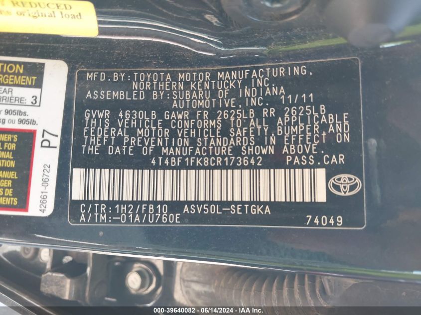 2012 Toyota Camry Xle VIN: 4T4BF1FK8CR173642 Lot: 39640082