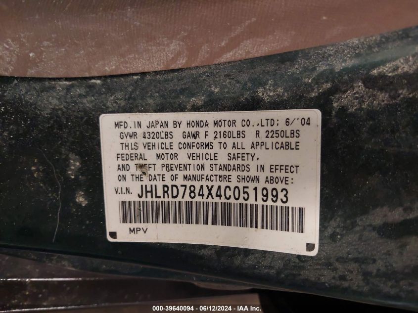 2004 Honda Cr-V Lx VIN: JHLRD784X4C051993 Lot: 39640094