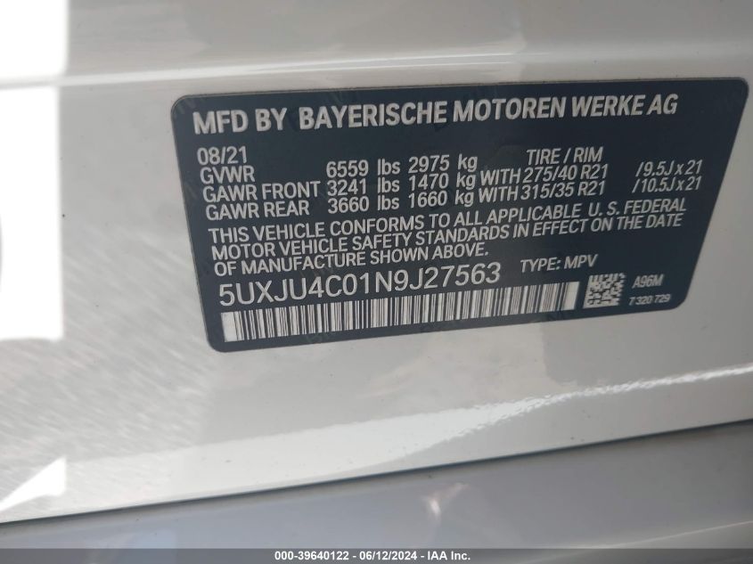 2022 BMW X5 M50I VIN: 5UXJU4C01N9J27563 Lot: 39640122