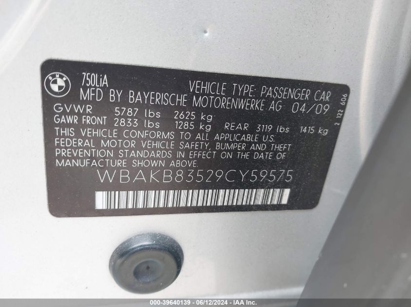 2009 BMW 750Li VIN: WBAKB83529CY59575 Lot: 39640139