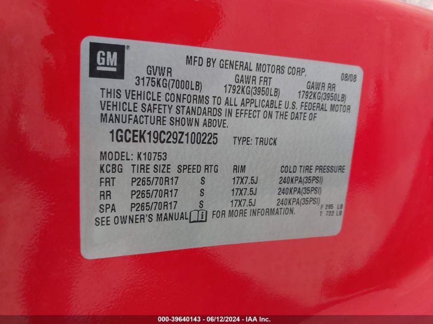 2009 Chevrolet Silverado 1500 Work Truck VIN: 1GCEK19C29Z100225 Lot: 39640143