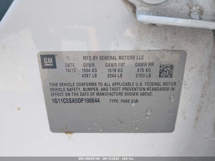 2013 Chevrolet Malibu 1Lt VIN: 1G11C5SA5DF198844 Lot: 39640146