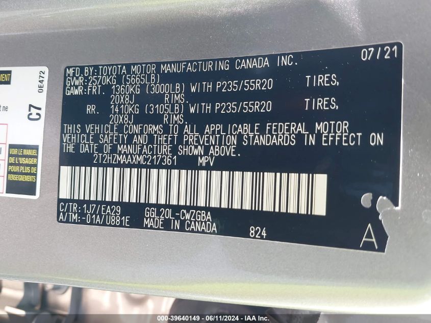 2021 Lexus Rx 350 VIN: 2T2HZMAAXMC217361 Lot: 39640149