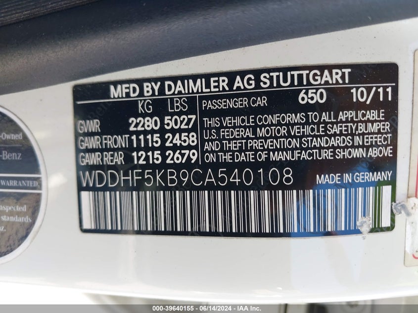 2012 Mercedes-Benz E 350 VIN: WDDHF5KB9CA540108 Lot: 39640155