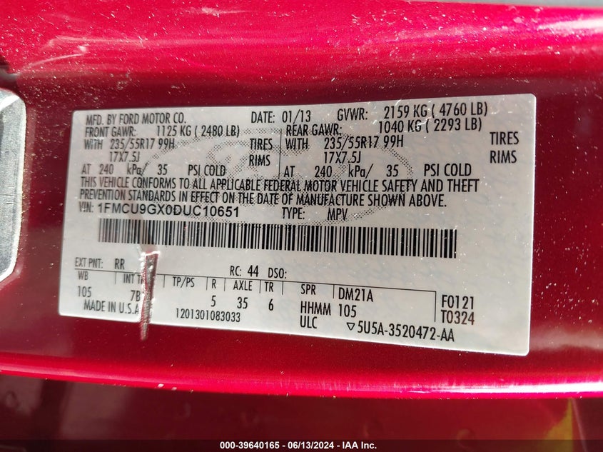 2013 Ford Escape Se VIN: 1FMCU9GX0DUC10651 Lot: 39640165