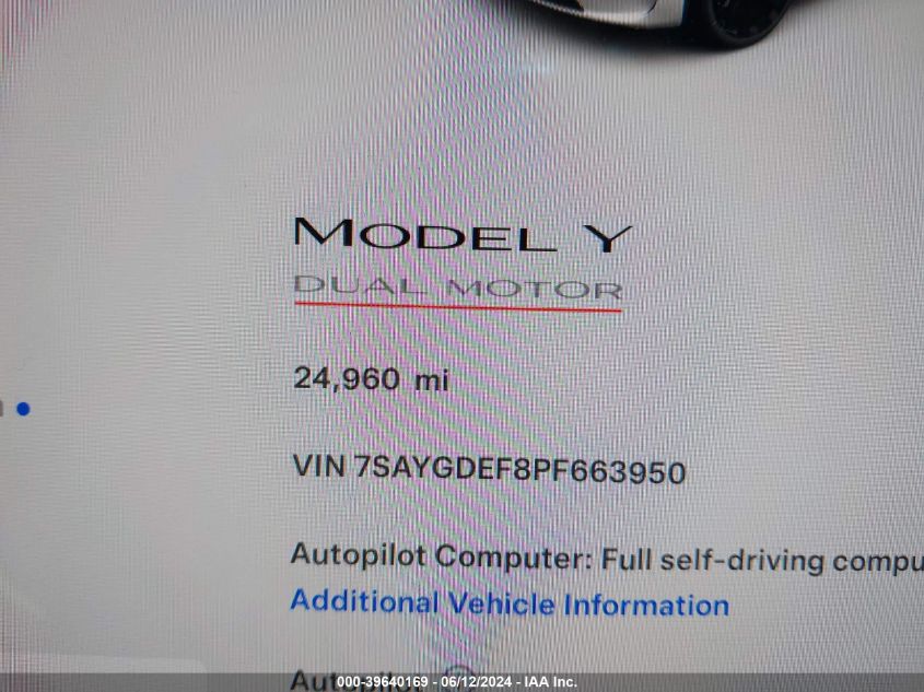 2023 Tesla Model Y Awd/Performance Dual Motor All-Wheel Drive VIN: 7SAYGDEF8PF663950 Lot: 39640169