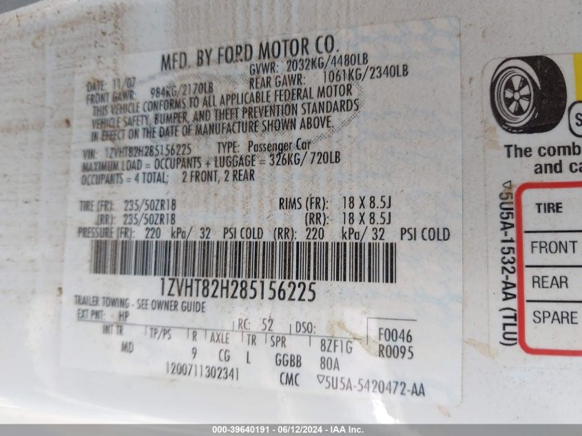 2008 Ford Mustang Gt Deluxe/Gt Premium VIN: 1ZVHT82H285156225 Lot: 39640191