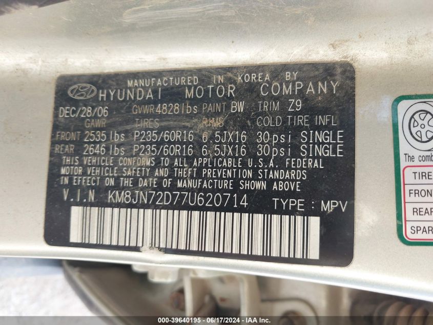 2007 Hyundai Tucson Limited/Se VIN: KM8JN72D77U620714 Lot: 39640195