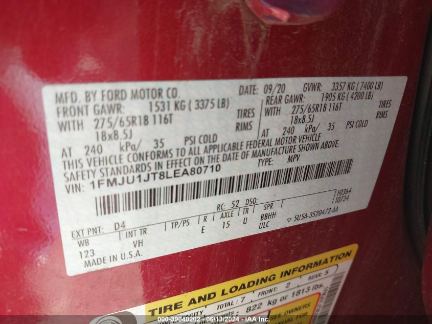 2020 Ford Expedition Xlt VIN: 1FMJU1JT8LEA80710 Lot: 39640202