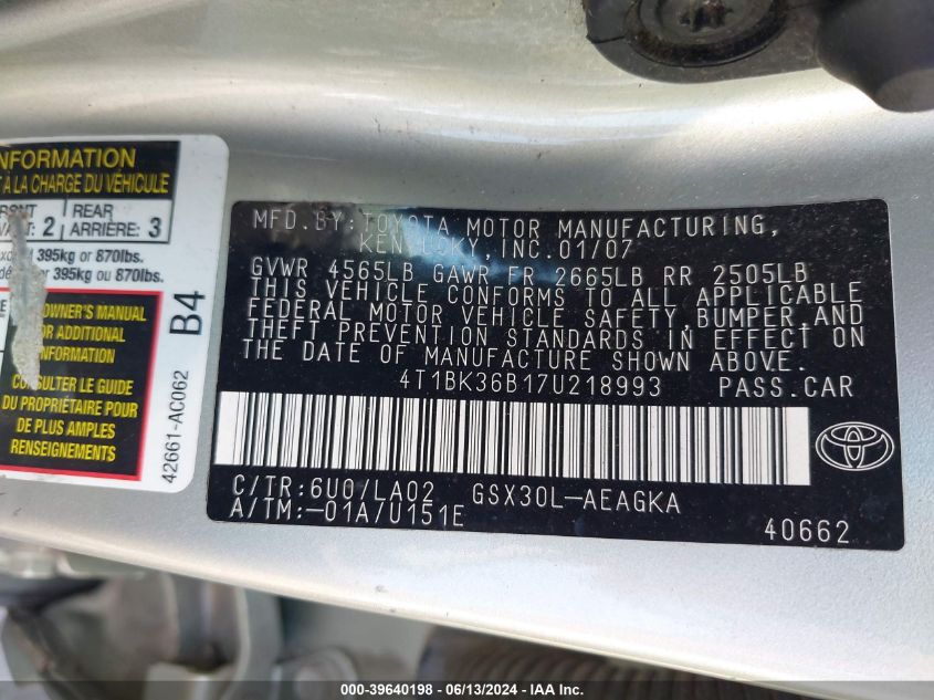 2007 Toyota Avalon Xls VIN: 4T1BK36B17U218993 Lot: 39640198