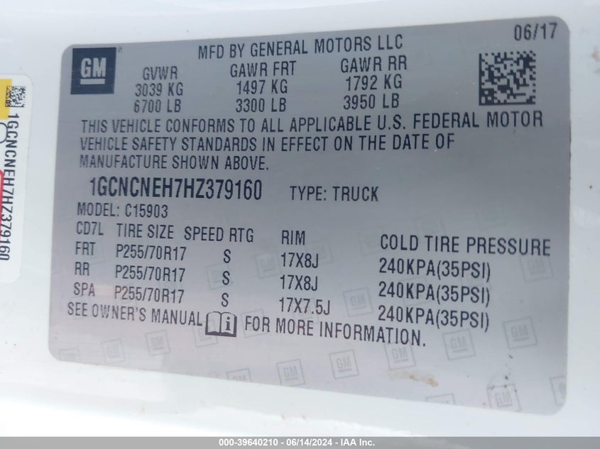 2017 Chevrolet Silverado 1500 Wt VIN: 1GCNCNEH7HZ379160 Lot: 39640210