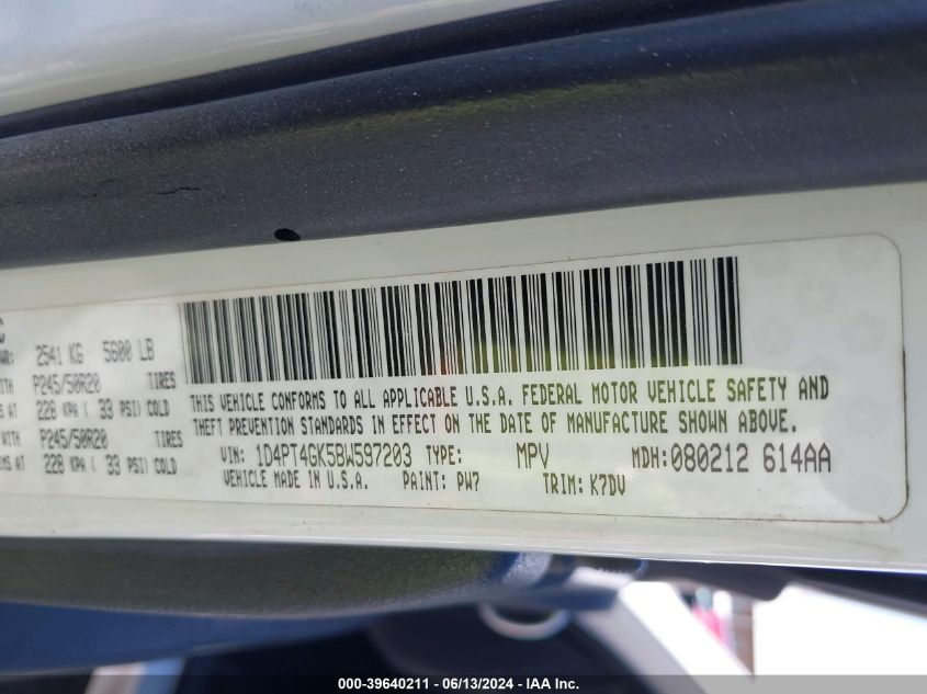 2011 Dodge Nitro Heat VIN: 1D4PT4GK5BW597203 Lot: 39640211