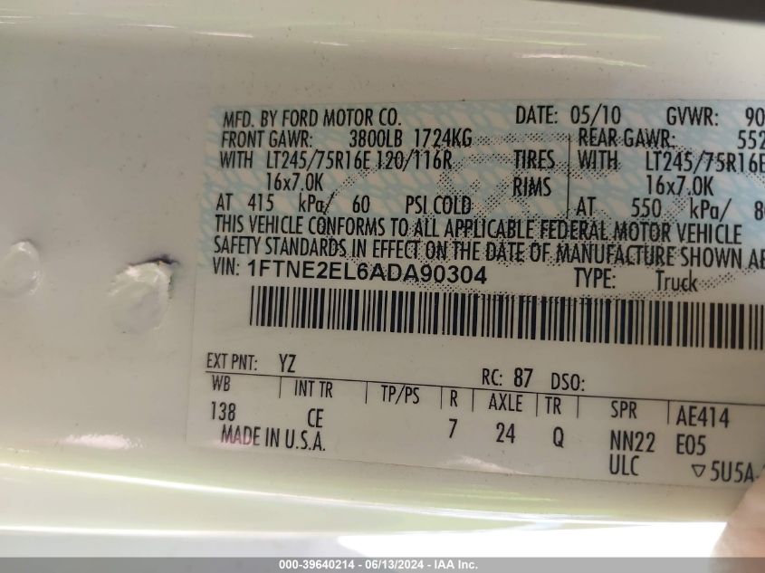 2010 Ford E-250 Commercial/Recreational VIN: 1FTNE2EL6ADA90304 Lot: 39640214