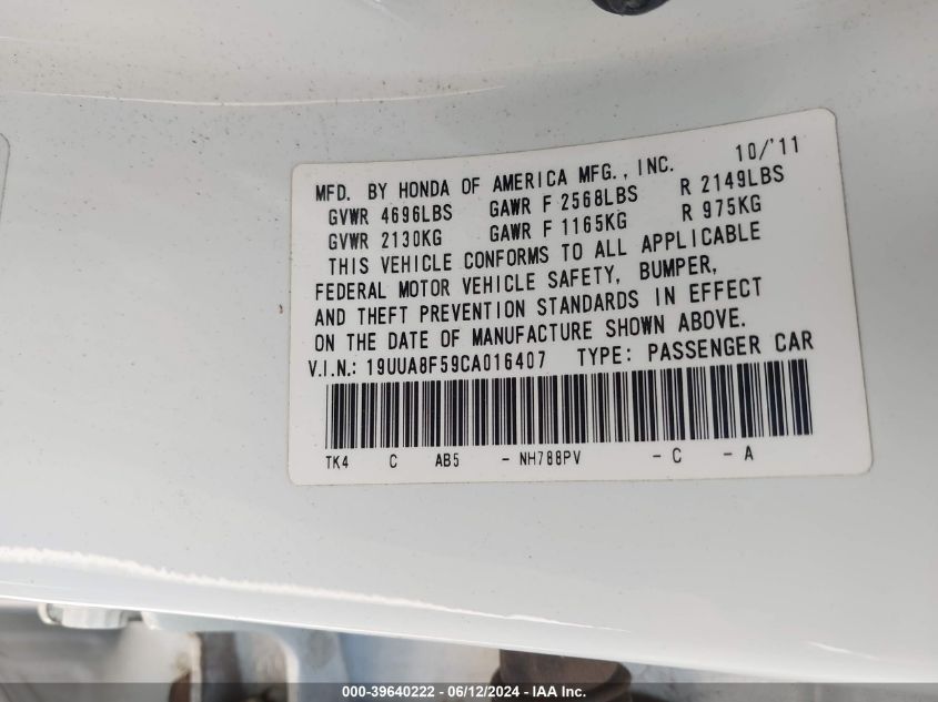 2012 Acura Tl 3.5 VIN: 19UUA8F59CA016407 Lot: 39640222