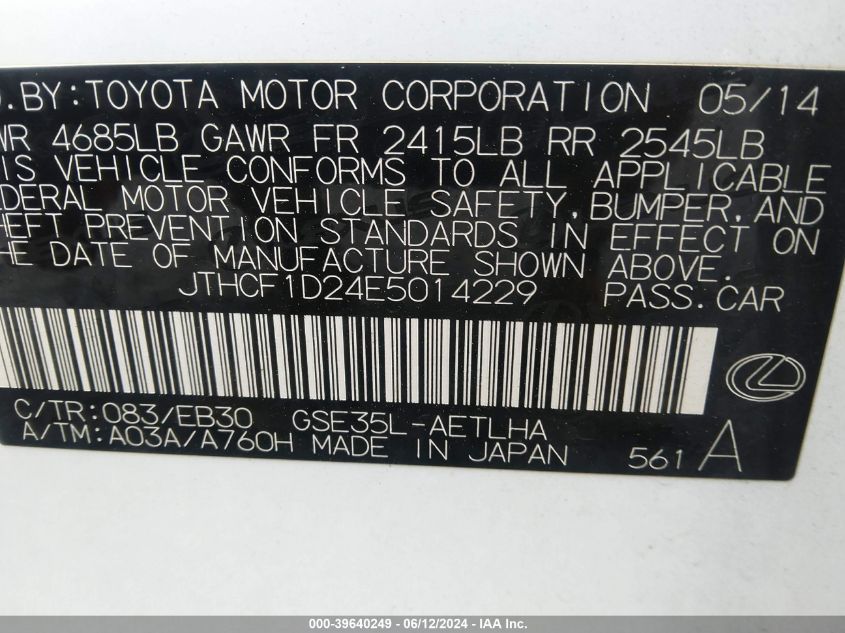 2014 Lexus Is 250 VIN: JTHCF1D24E5014229 Lot: 39640249