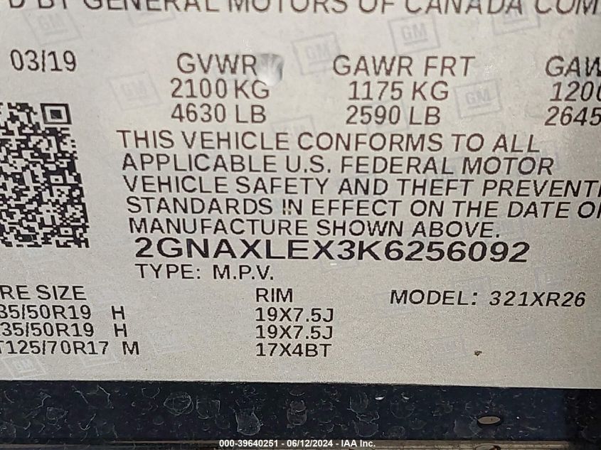 2019 Chevrolet Equinox Lt VIN: 2GNAXLEX3K6256092 Lot: 39640251