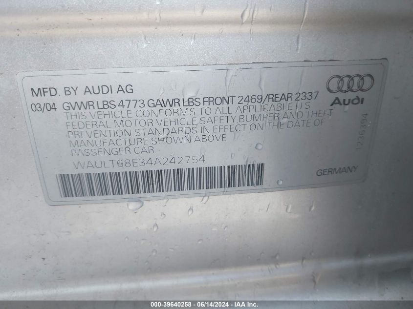 2004 Audi A4 3.0 VIN: WAULT68E34A242754 Lot: 39640258