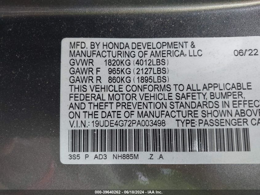 2023 Acura Integra A-Spec W/ Technology VIN: 19UDE4G72PA003498 Lot: 39640262