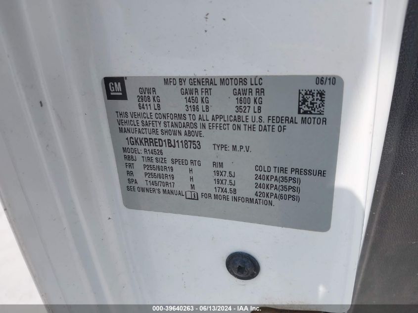 2011 GMC Acadia Slt-1 VIN: 1GKKRRED1BJ118753 Lot: 39640263