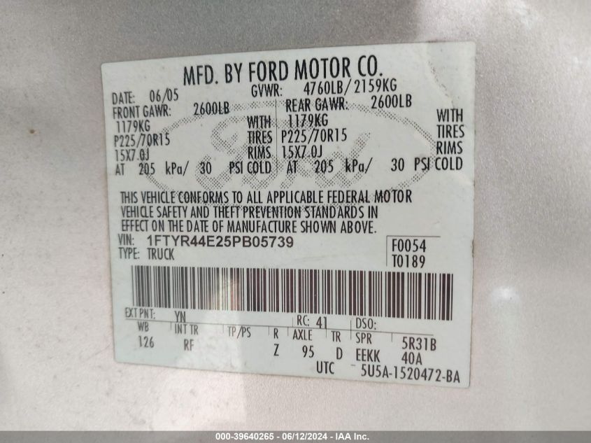 2005 Ford Ranger Edge/Stx/Xlt VIN: 1FTYR44E25PB05739 Lot: 39640265