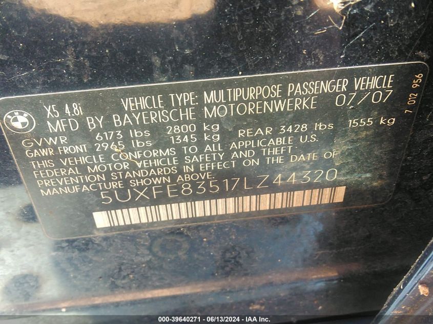 2007 BMW X5 4.8I VIN: 5UXFE83517LZ44320 Lot: 39640271