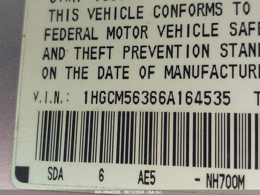 2006 Honda Accord 2.4 Se VIN: 1HGCM56366A164535 Lot: 39640285