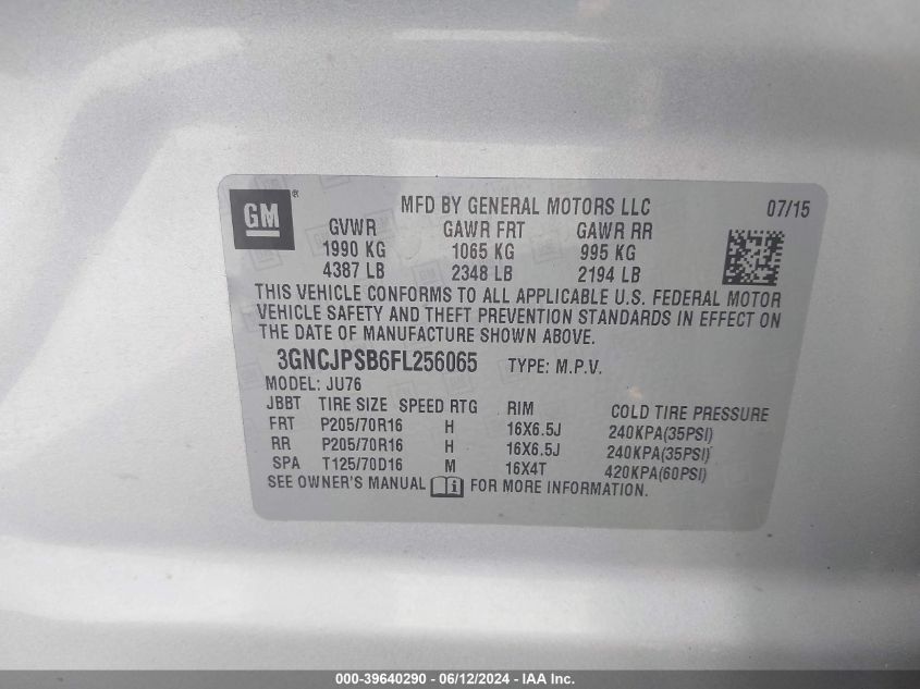 2015 Chevrolet Trax 1Ls VIN: 3GNCJPSB6FL256065 Lot: 39640290