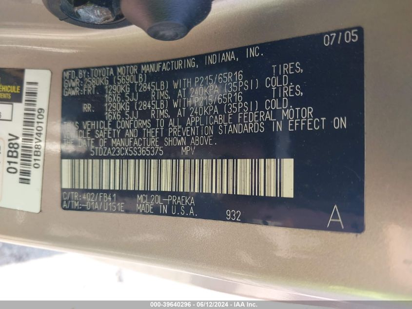 2005 Toyota Sienna Le VIN: 5TDZA23CX5S365375 Lot: 39640296