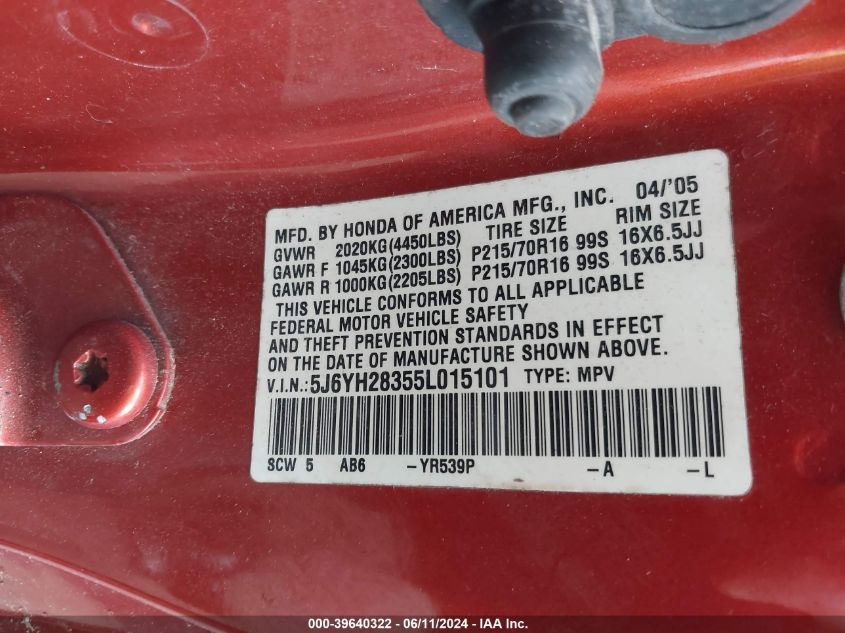 2005 Honda Element Lx VIN: 5J6YH28355L015101 Lot: 39640322