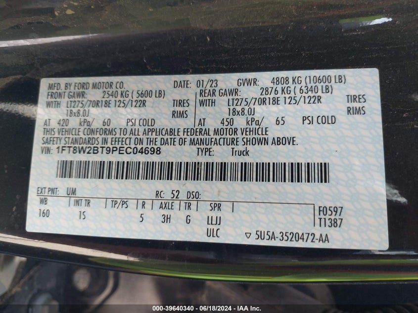 2023 Ford F-250 Xl VIN: 1FT8W2BT9PEC04698 Lot: 39640340
