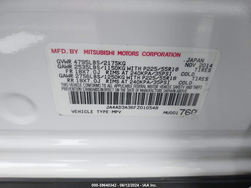 2015 Mitsubishi Outlander Se VIN: JA4AD3A36FZ010548 Lot: 39640342