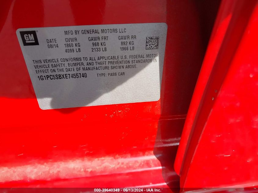 2014 Chevrolet Cruze 1Lt Auto VIN: 1G1PC5SBXE7455740 Lot: 39640349