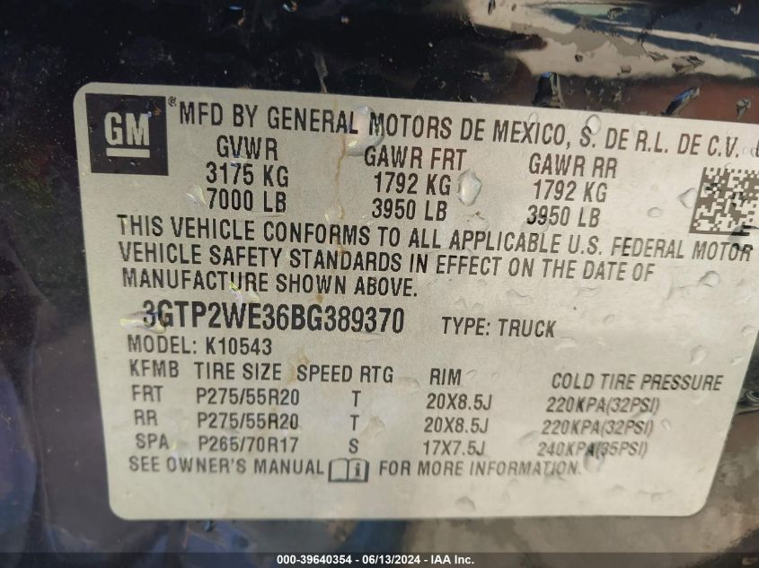 2011 GMC Sierra 1500 Slt VIN: 3GTP2WE36BG389370 Lot: 39640354