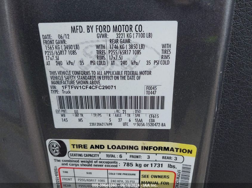 2012 Ford F-150 Xlt VIN: 1FTFW1CF4CFC29071 Lot: 39640360