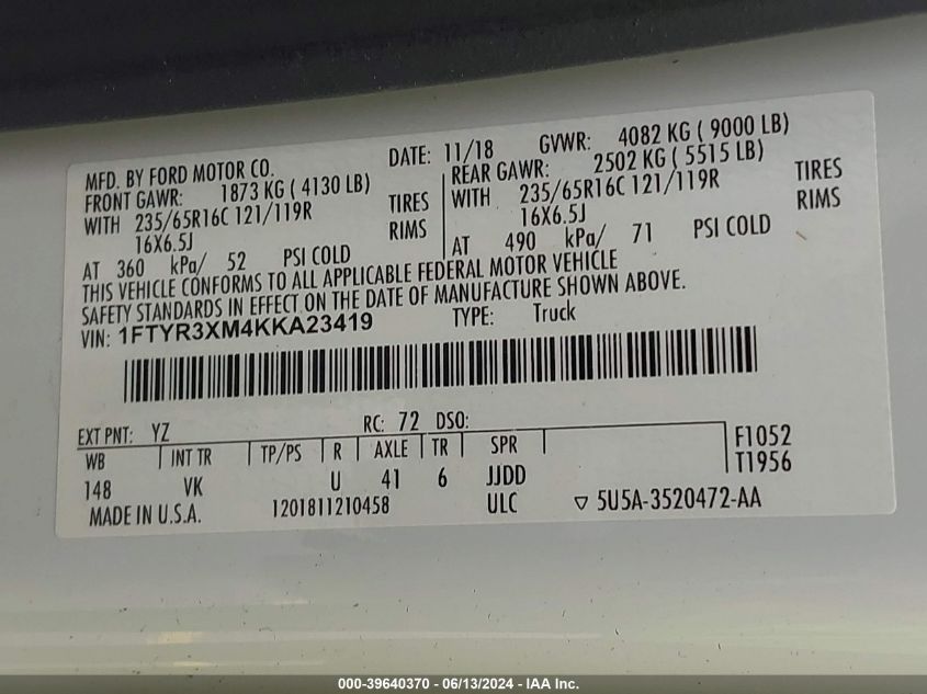 2019 Ford Transit-250 VIN: 1FTYR3XM4KKA23419 Lot: 39640370