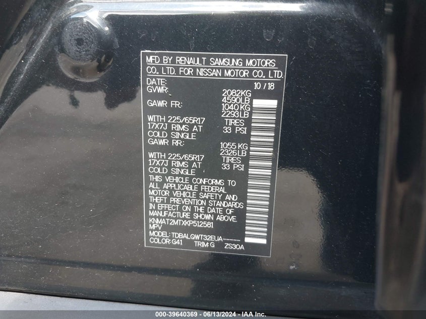 2019 Nissan Rogue Sv VIN: KNMAT2MTXKP512581 Lot: 39640369