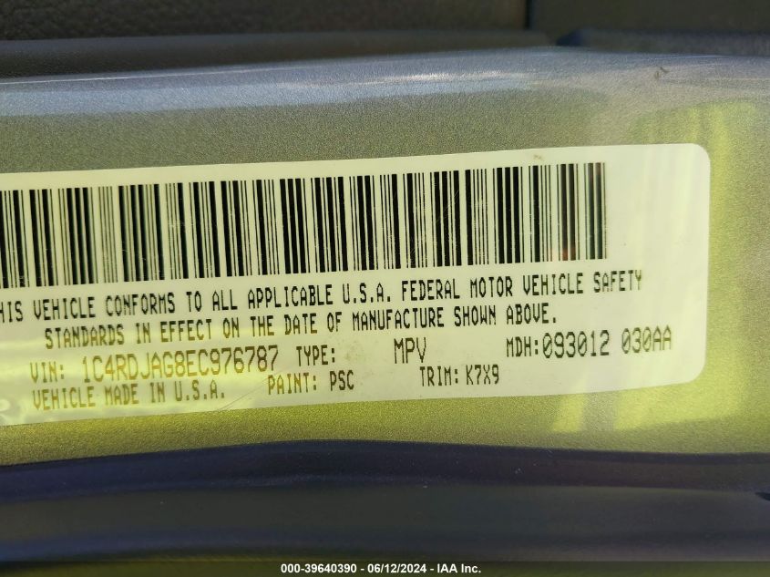 2014 Dodge Durango Sxt VIN: 1C4RDJAG8EC976787 Lot: 39640390