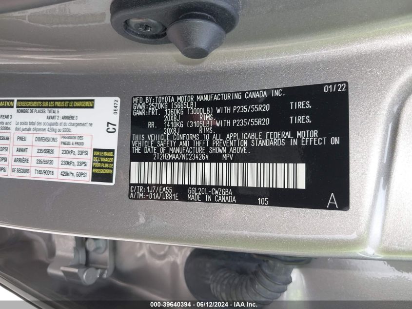 2022 Lexus Rx 350 VIN: 2T2HZMAA7NC234264 Lot: 39640394